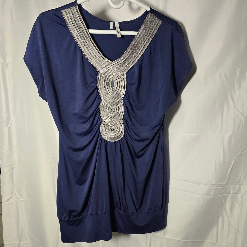 Studio Y‎ Womens Navy Blue V-Neck Blouse Silver Metallic Trim Large cocktail